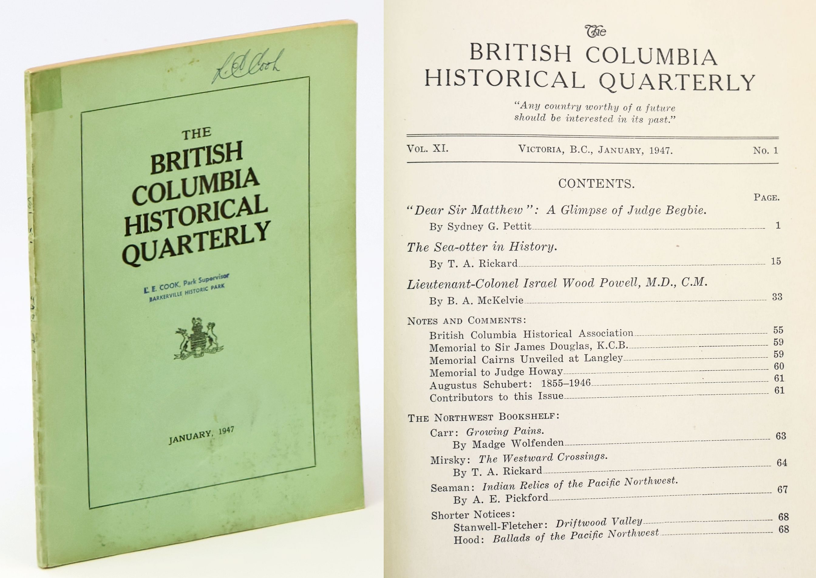 Image for The British Columbia Historical Quarterly, January 1947, Vol. XI, No. 1 - The Sea Otter in History / Judge Begbie The British Columbia Historical Quarterly, January 1947, Vol. XI, No. 1 - The Sea Otter in History / Judge Begbie