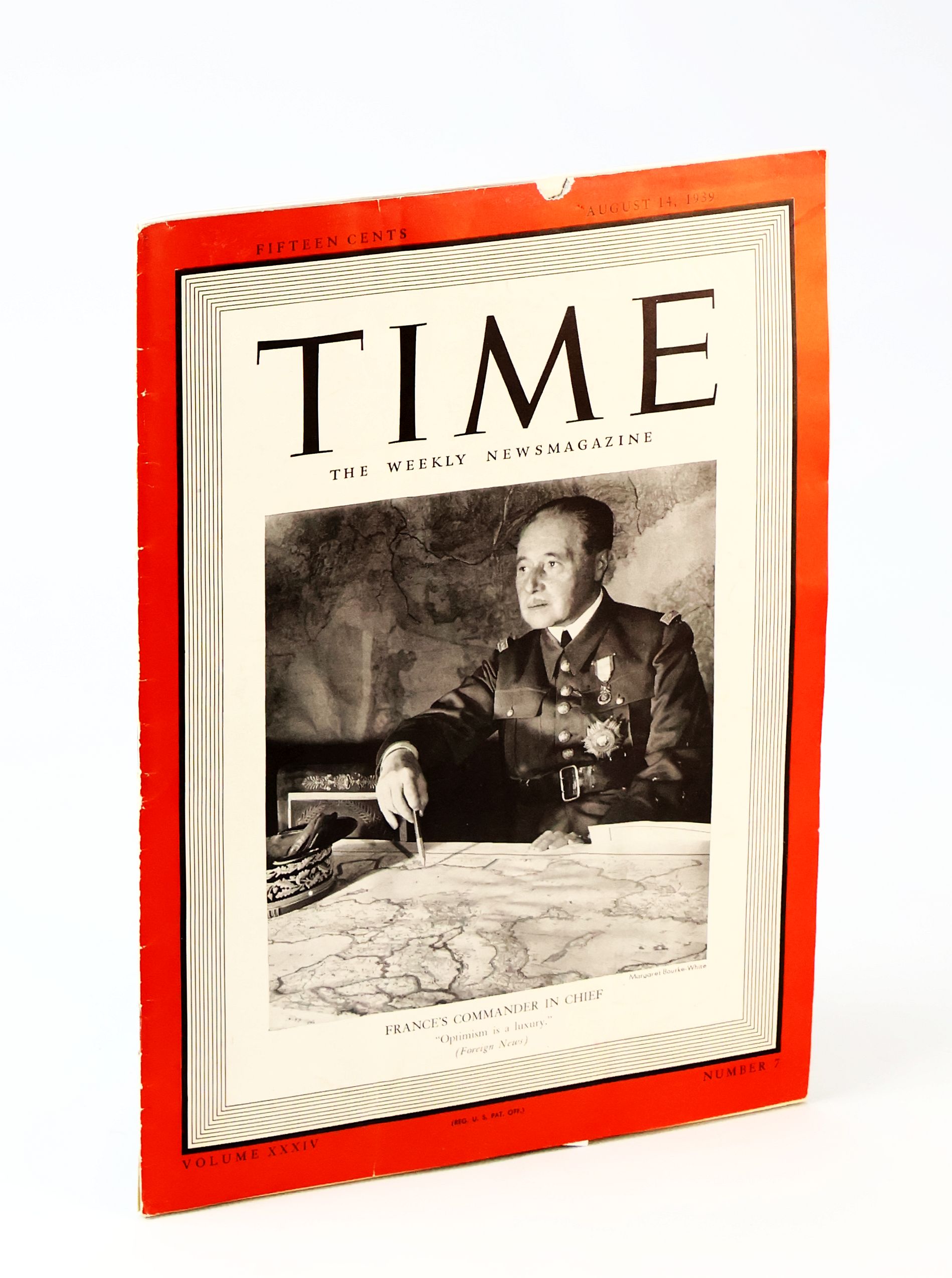 Time - The Weekly News Magazine, August 14, 1939, Volume XXXIV, Number 7 - Cover Photo of Maurice Gamelin, Commander-In-Chief of the French Army