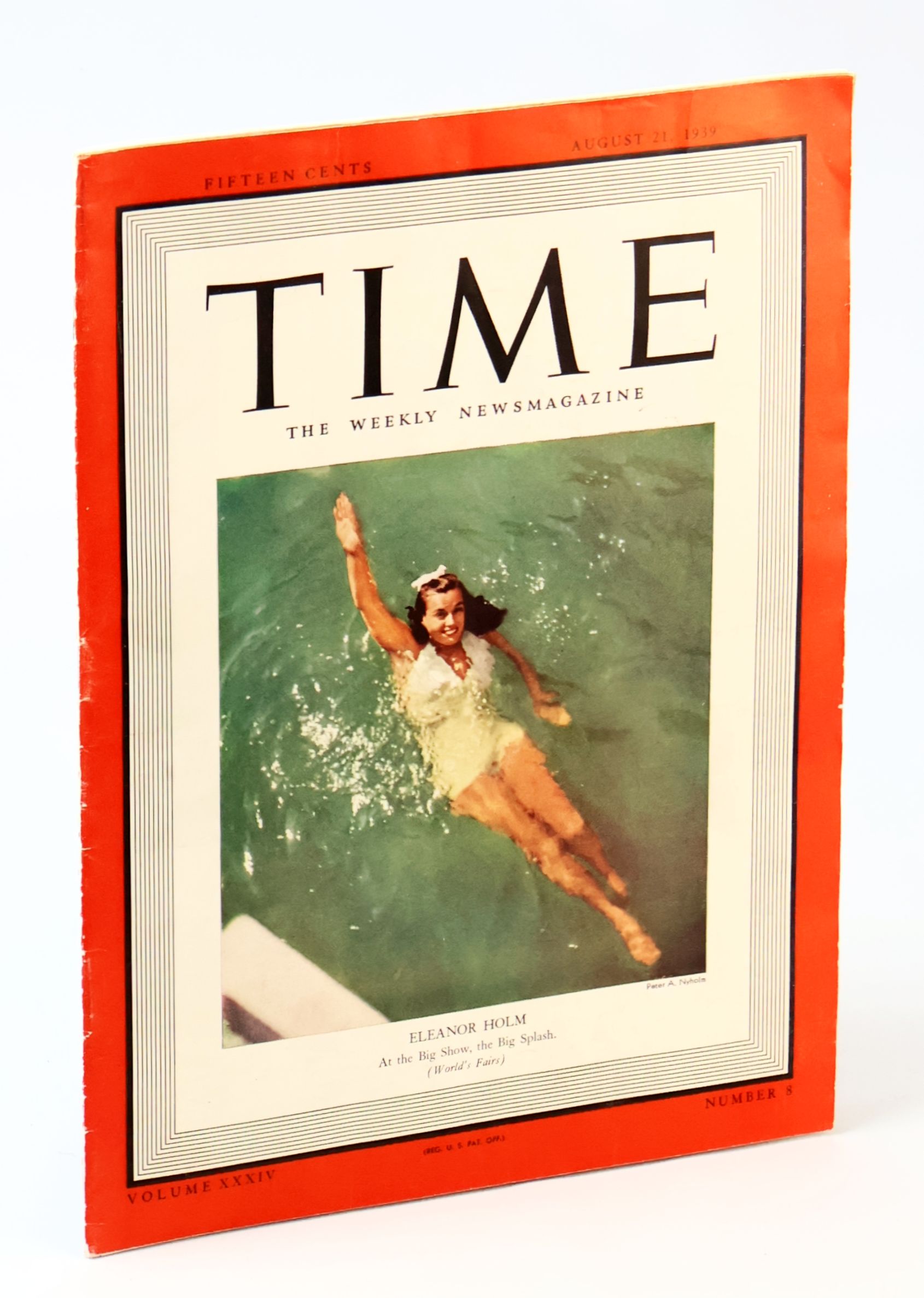 Time - The Weekly Newsmagazine, August 21, 1939, Volume XXXIV, Number 8 - Color Cover Photo of Olympic Swimmer Eleanor Holm