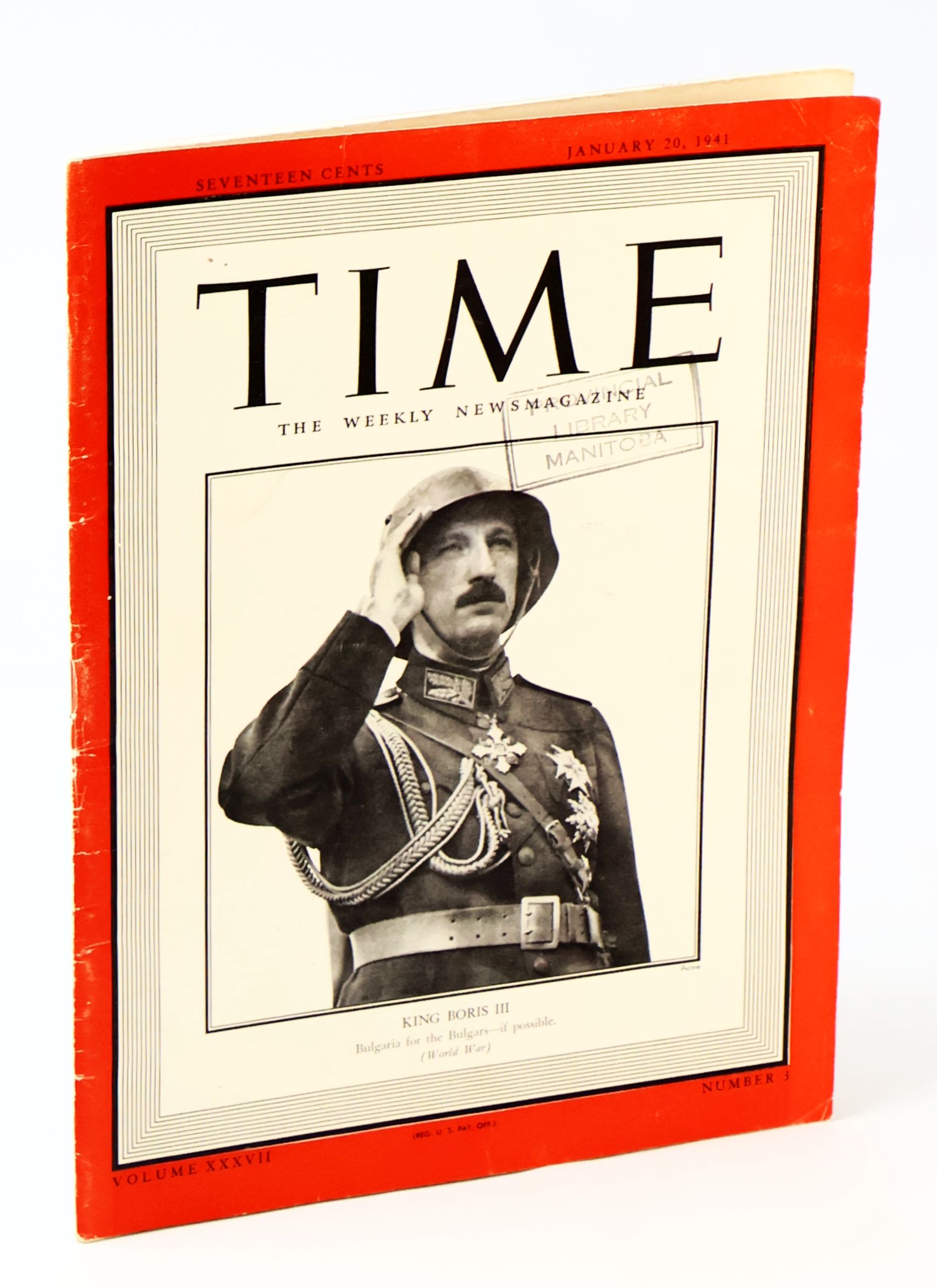 Time - The Weekly Newsmagazine, January 20, 1941, Volume XXXVII, Number 3 - Cover Photo of King Boris III of Bulgaria