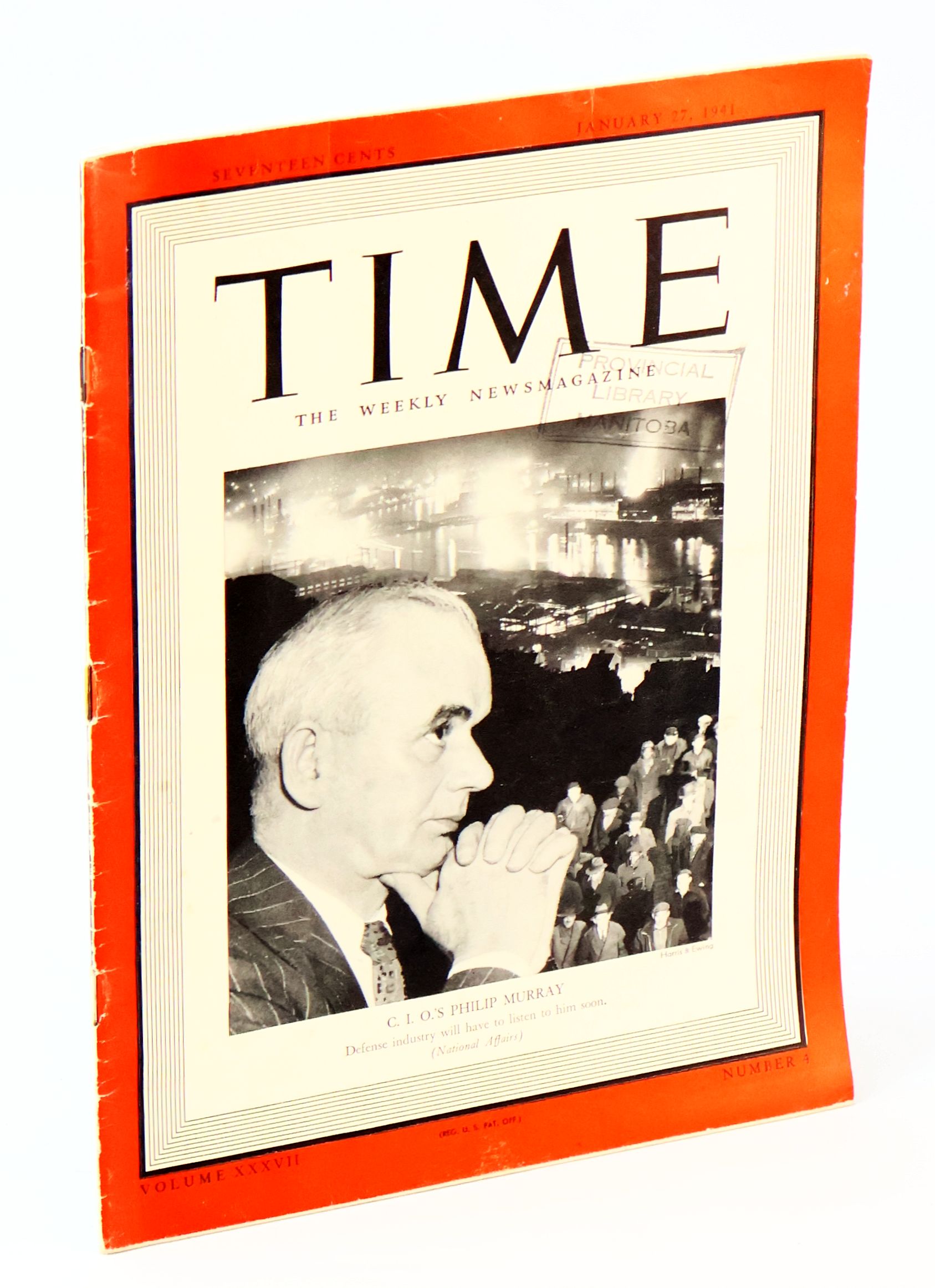 Time - The Weekly Newsmagazine, January 27, 1941, Volume XXXVII, Number 4 - Cover Photo of Philip Murray of the C.I.O.