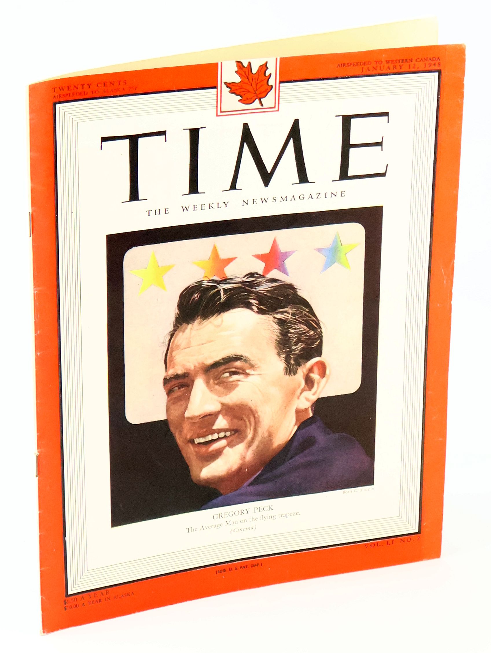 Time - The Weekly Newsmagazine, January 12, 1948, Volume LI, Number 2 - Cover Illustration of Gregory Peck
