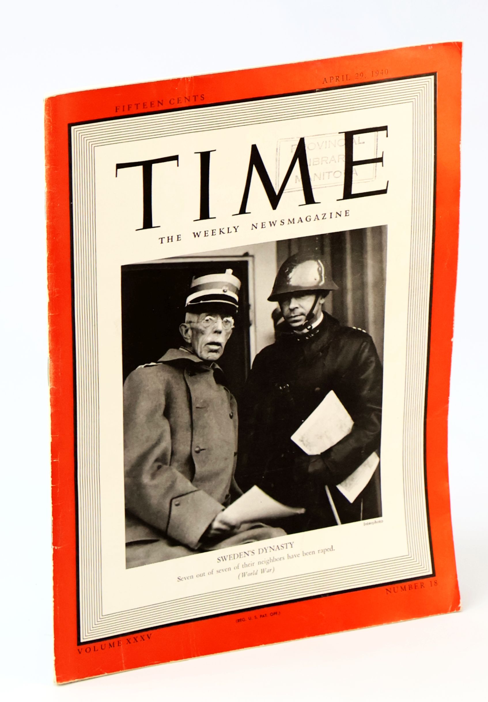 Time - The Weekly Newsmagazine, April 29, 1940, Volume XXXV, Number 18 - Cover Photo of King Gustav V of Sweden