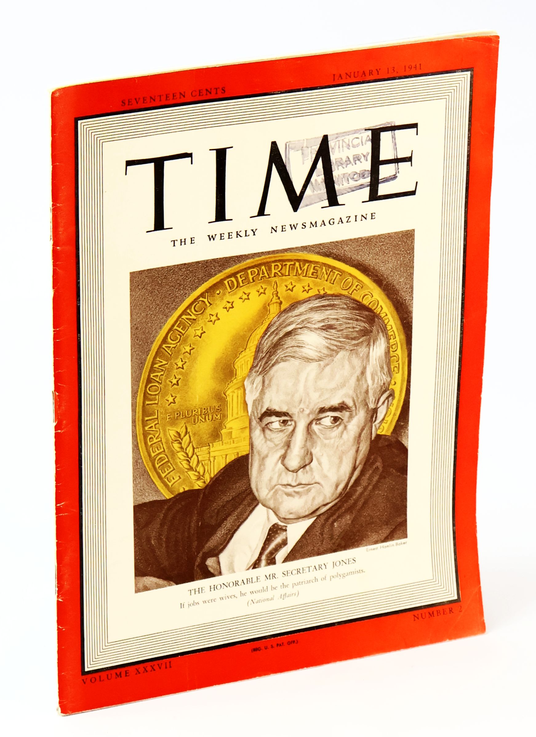 Time - The Weekly Newsmagazine, January 13, 1941, Volume XXXVII, Number 2 - Cover Illustration of Commerce Secretary Jesse H. Jones