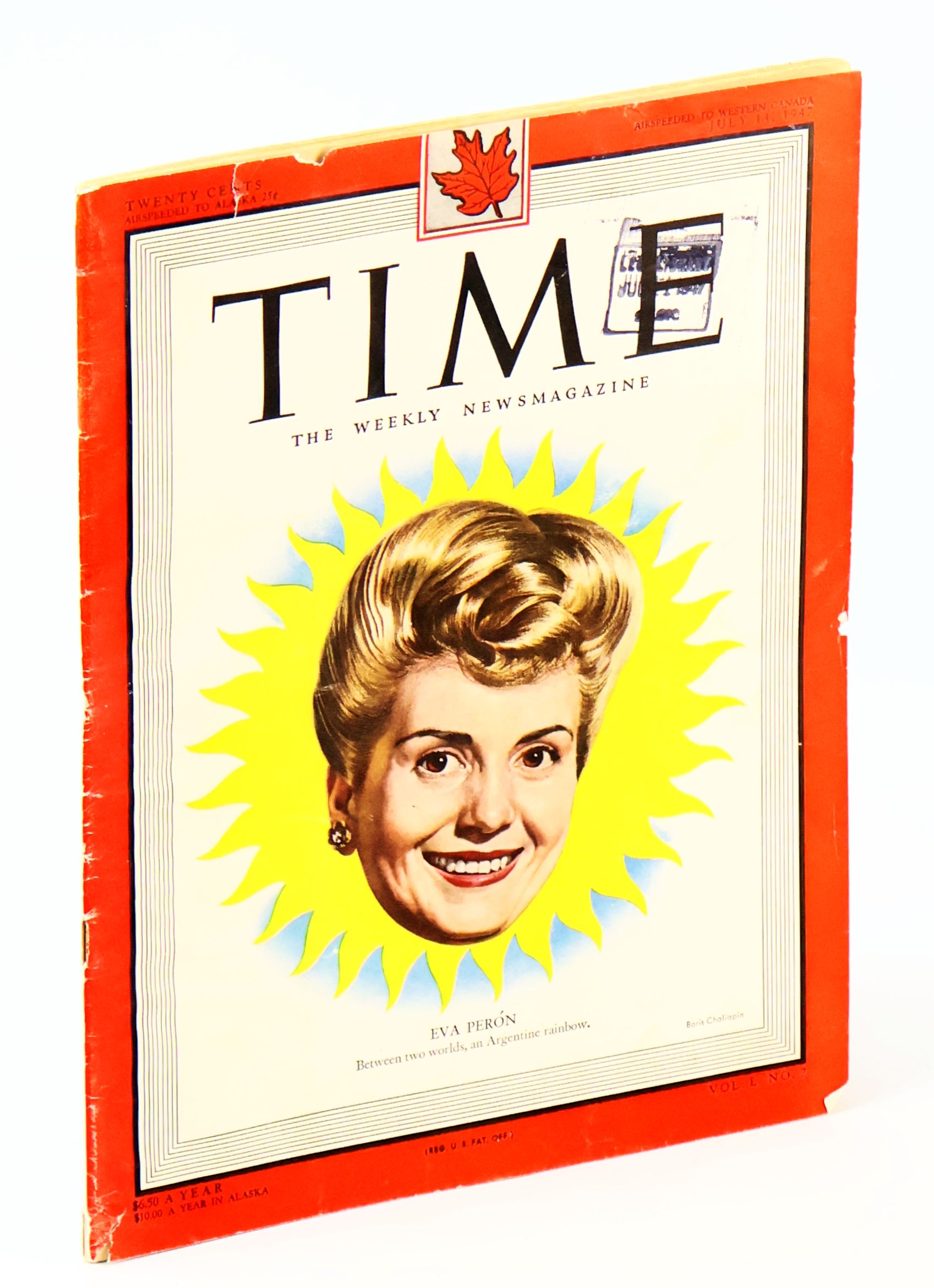 Image for Time - The Weekly Newsmagazine, July 14, 1947, Volume L, Number 2 - Eva Peron Cover Time - The Weekly Newsmagazine, July 14, 1947, Volume L, Number 2 - Eva Peron Cover