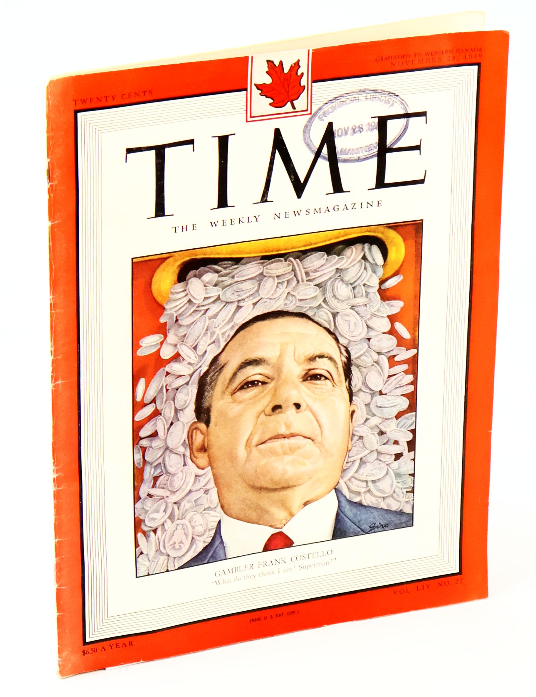 Image for Time - The Weekly Newsmagazine, November 28, 1949, Volume LIV, Number 22 - Gambler Frank Costello Cover Time - The Weekly Newsmagazine, November 28, 1949, Volume LIV, Number 22 - Gambler Frank Costello Cover