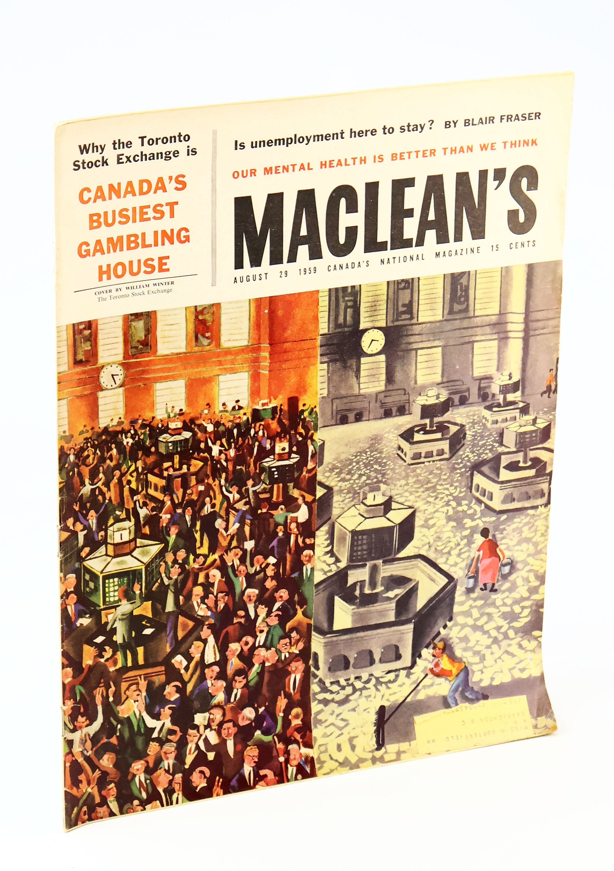 Image for Maclean's - Canada's National Magazine, August 29, 1959, Vol. 72, #18 - Toronto Stock Exchange (TSE) Cover Illustration Maclean's - Canada's National Magazine, August 29, 1959, Vol. 72, #18 - Toronto Stock Exchange (TSE) Cover Illustration